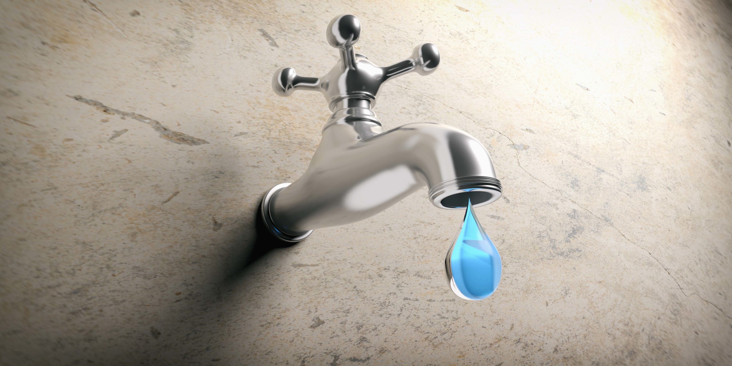 Water drip concept. Metal water tap and a blue drop on beige background. 3d illustration